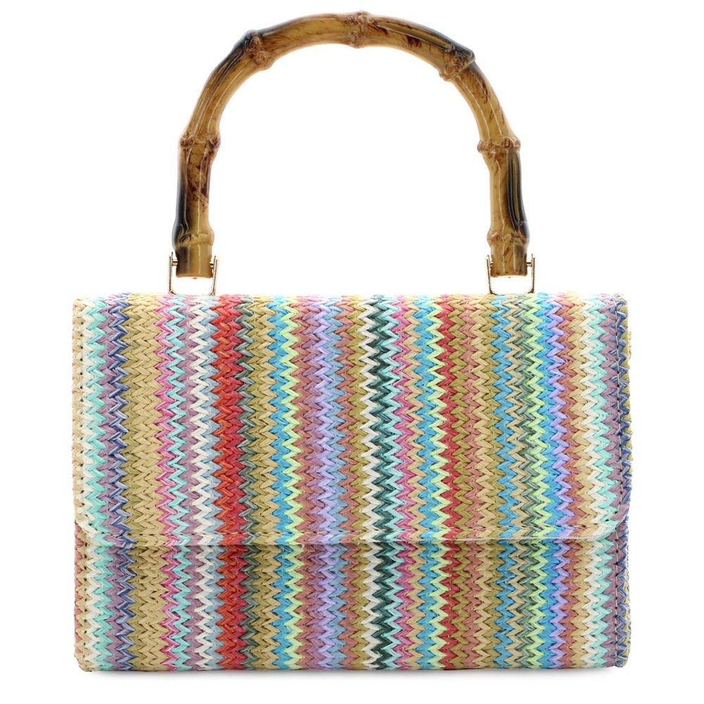 Multicolor Woven Rafia Women's Bag with faux Bamboo handle